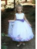 White Satin Tulle Purple Petals Tea Length Flower Girl Dress